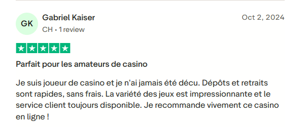 Avis d’un joueur de casino Bahigo en ligne mentionnant des dépôts et retraits rapides, une grande variété de jeux et un service client disponible, recommandant fortement le casino.